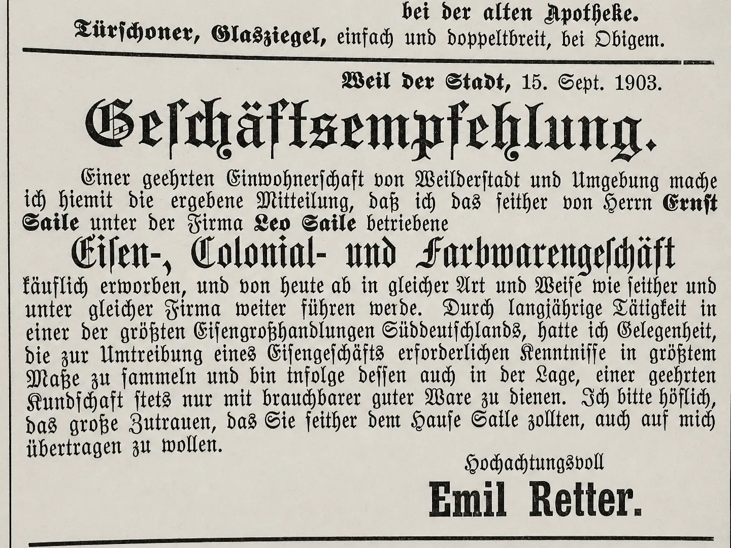 Faksimile der Geschäftsempfehlung von Emil Retter, Weil der Stadt, 15. September 1903